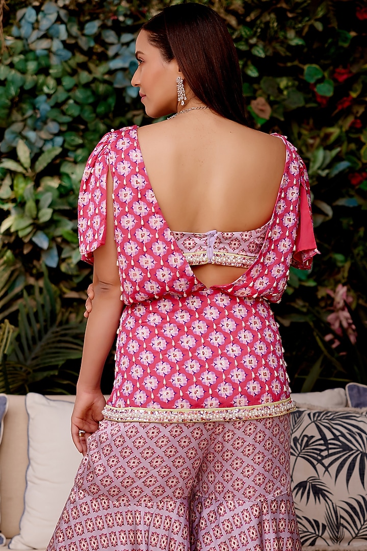 Purple Cupro Satin Printed Wedding Sharara Set by Gauri Dhawan at Pernia's Pop Up Shop