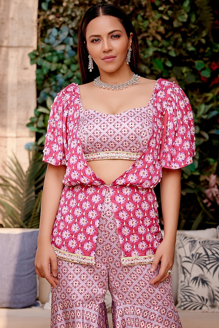 Purple Cupro Satin Printed Wedding Sharara Set by Gauri Dhawan at Pernia's Pop Up Shop