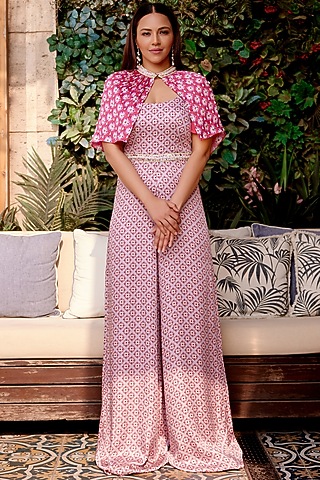 Purple Cupro Satin Printed & Bead Embroidered Jumpsuit With Cape by Gauri Dhawan