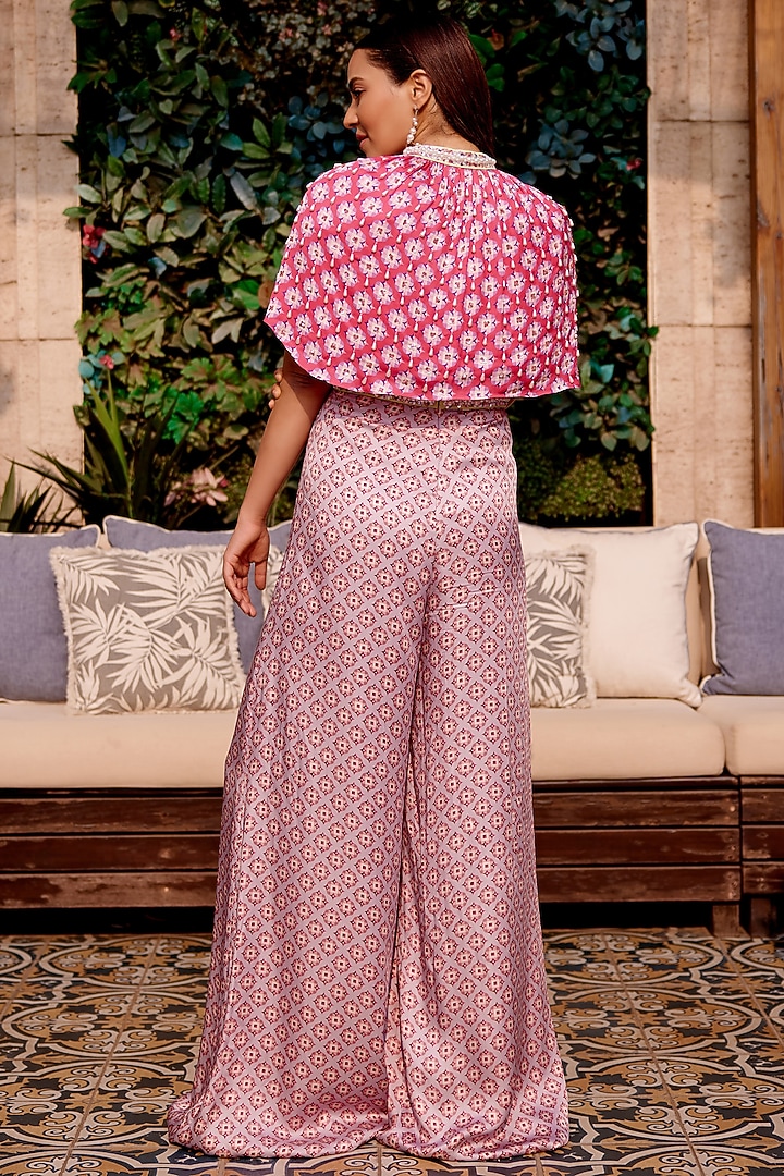 Purple Cupro Satin Printed & Bead Embroidered Jumpsuit With Cape by Gauri Dhawan at Pernia's Pop Up Shop