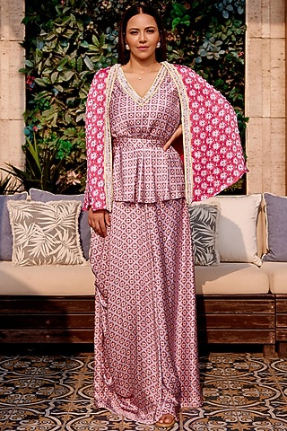 Purple Cupro Satin Printed Draped Skirt Set by Gauri Dhawan