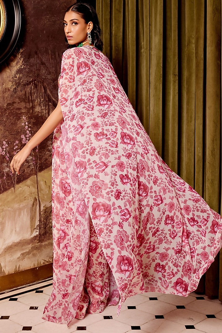 Pink & Beige Georgette Floral Printed Cape Set by Gauri Dhawan at Pernia's Pop Up Shop
