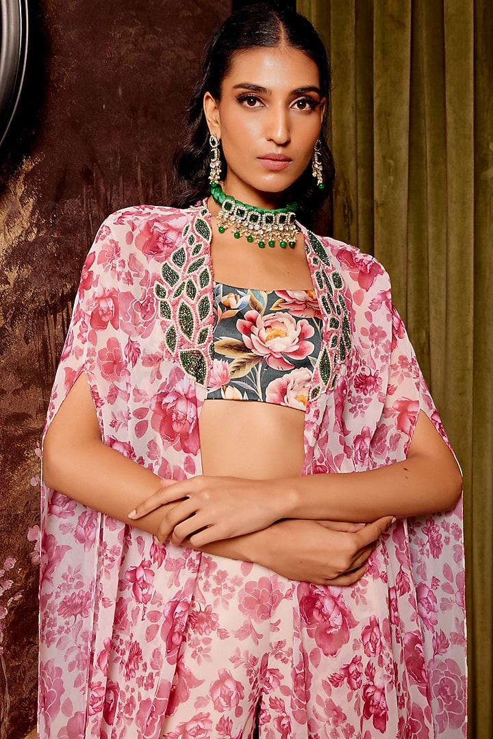 Pink & Beige Georgette Floral Printed Cape Set by Gauri Dhawan at Pernia's Pop Up Shop
