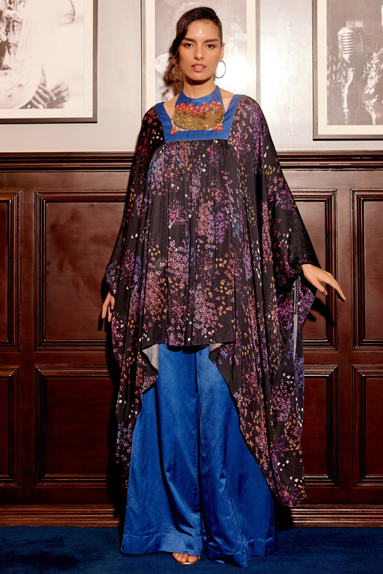 Black & Blue Cupro Satin Printed Kaftan Jumpsuit by Gauri Dhawan at Pernia's Pop Up Shop