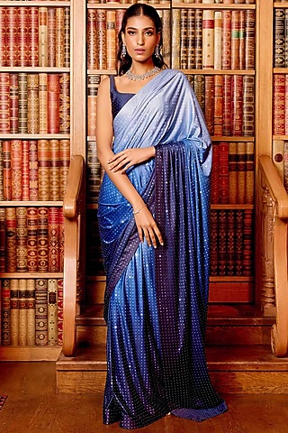 Blue Butter Knit Jersey Embellished Ombre Saree Set by Gauri Dhawan
