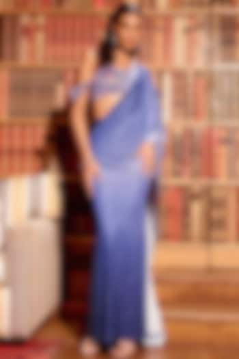 Blue Butter Knit Jersey Embellished Pre-Draped Ombre Saree Set by Gauri Dhawan