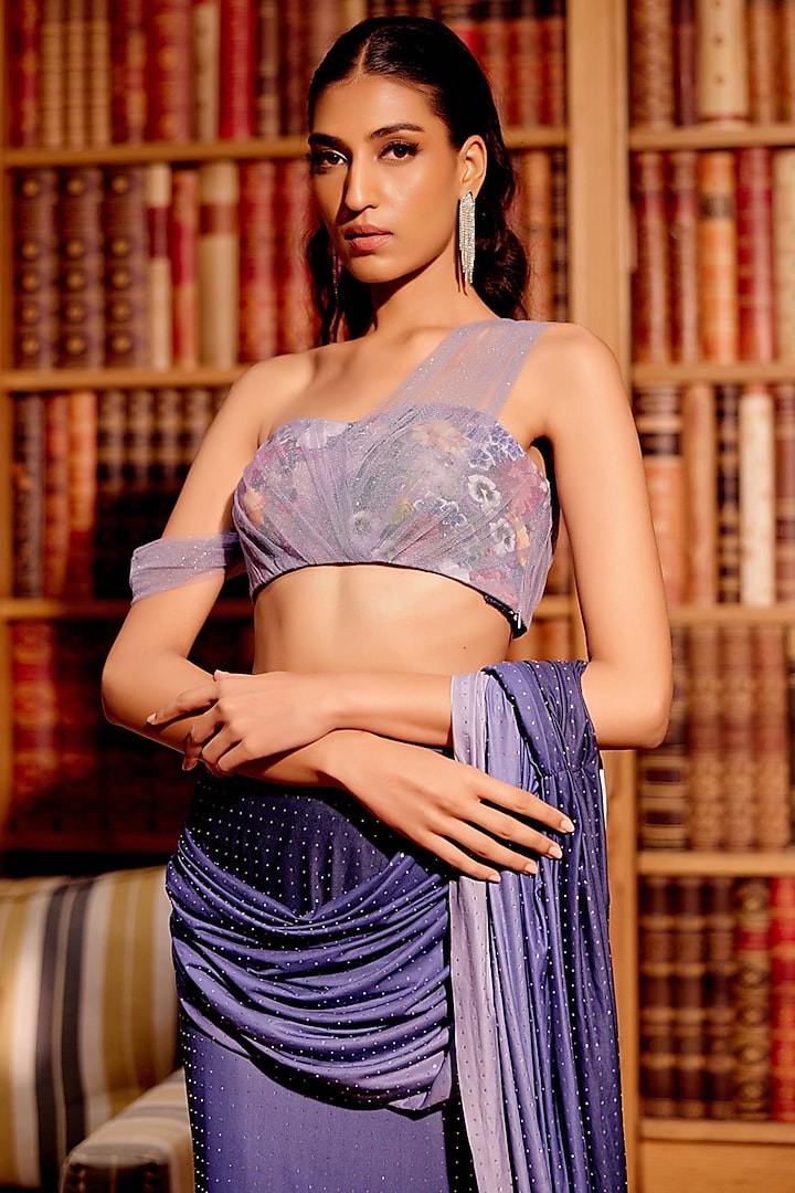 Blue Butter Knit Jersey & Glitter Net Asymmetric Off-Shoulder Blouse by Gauri Dhawan