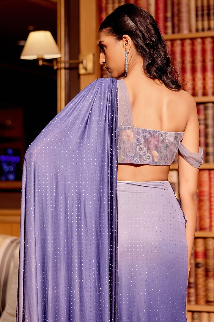 Blue Butter Knit Jersey & Glitter Net Asymmetric Off-Shoulder Blouse by Gauri Dhawan at Pernia's Pop Up Shop