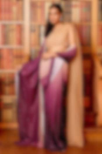 Wine Ombre Butter Knit Jersey Swarovski Embellished Pre-Draped Saree Set by Gauri Dhawan