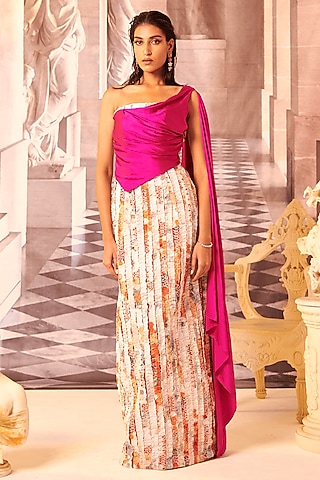 Multi-Colored Handcrafted Cotton Textile & Diamond Satin Gown Saree by Gauri Dhawan