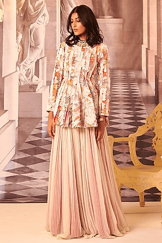 Off-White Chiffon Gathered Skirt Set by Gauri Dhawan