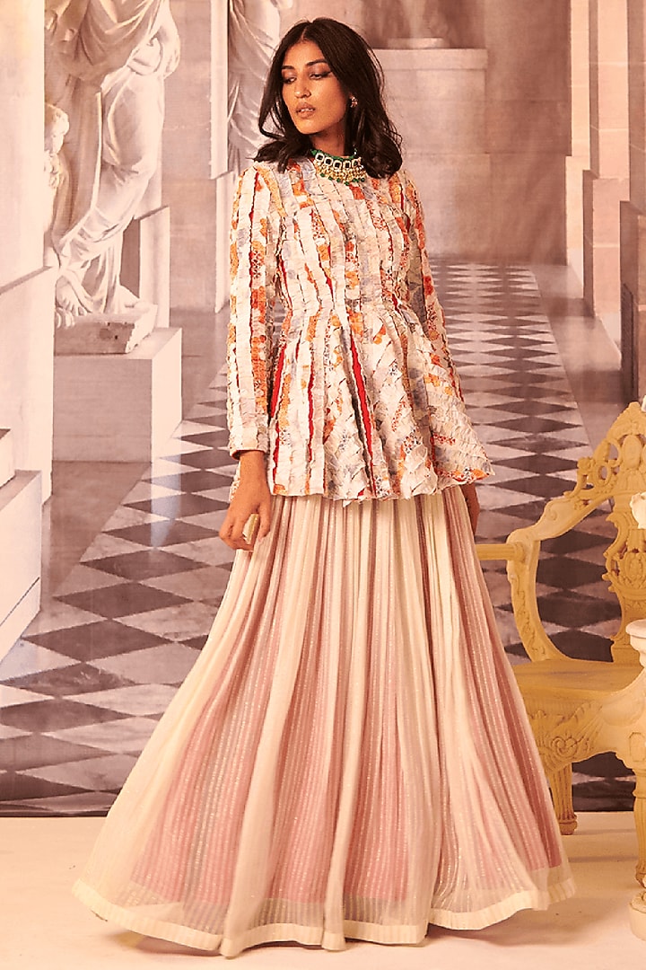 Off-White Chiffon Gathered Skirt Set by Gauri Dhawan at Pernia's Pop Up Shop
