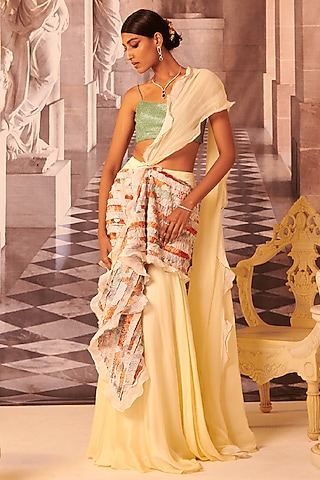 Lemon Organza Pre-Draped Saree Set by Gauri Dhawan