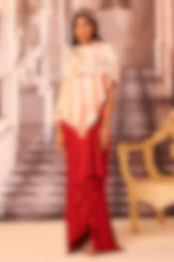 Red Diamond Satin Draped Skirt Set by Gauri Dhawan