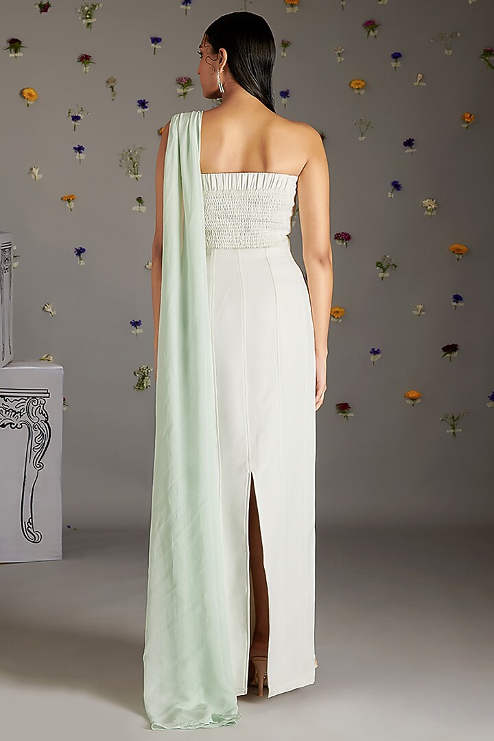 Green & Beige Silk Velvet Wedding Gown Saree by Gauri Dhawan at Pernia's Pop Up Shop