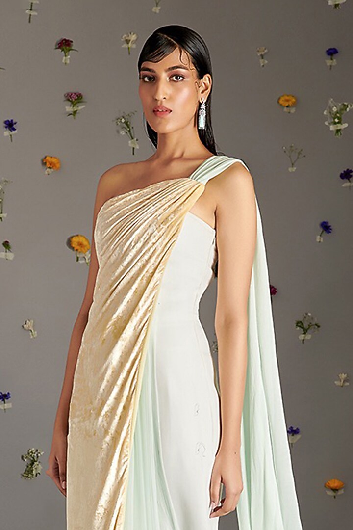 Green & Beige Silk Velvet Wedding Gown Saree by Gauri Dhawan at Pernia's Pop Up Shop
