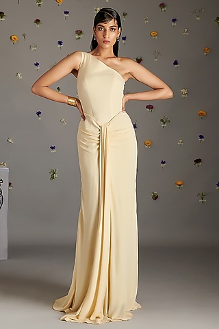 Beige Crepe Crimp One-Shoulder Gown by Gauri Dhawan