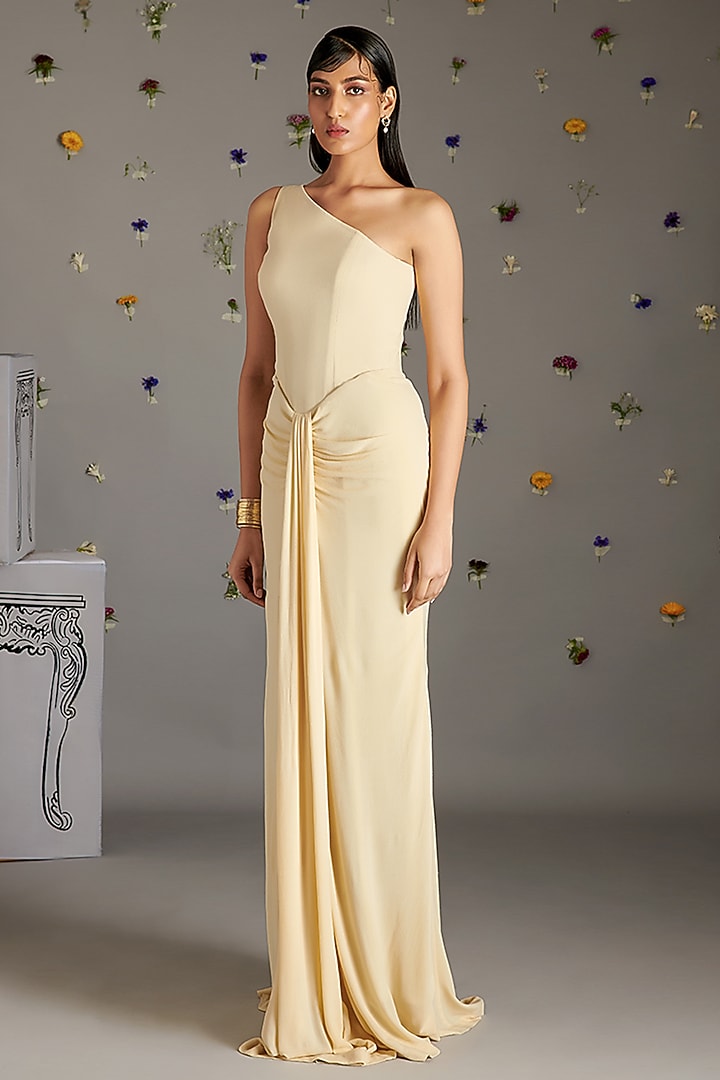 Beige Crepe Crimp One-Shoulder Party Wear Gown by Gauri Dhawan at Pernia's Pop Up Shop