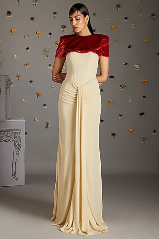 Beige Crepe Crimp Gown With Jacket by Gauri Dhawan