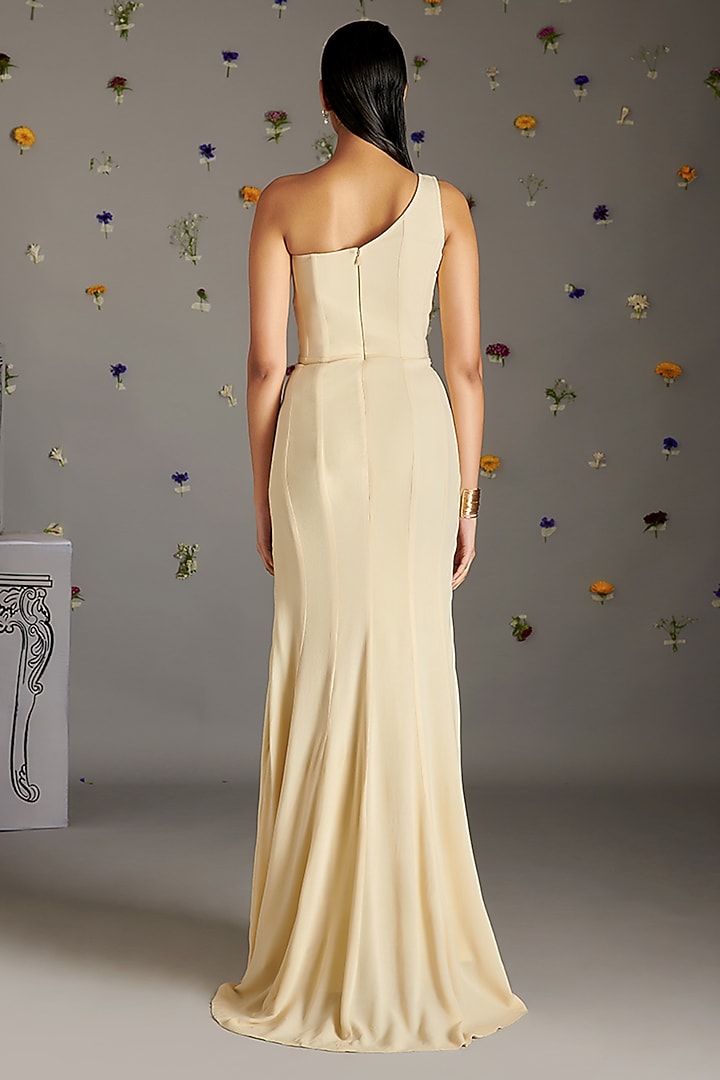 Beige Crepe Crimp Engagement Gown With Jacket by Gauri Dhawan at Pernia's Pop Up Shop