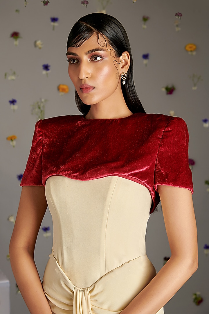 Beige Crepe Crimp Engagement Gown With Jacket by Gauri Dhawan at Pernia's Pop Up Shop