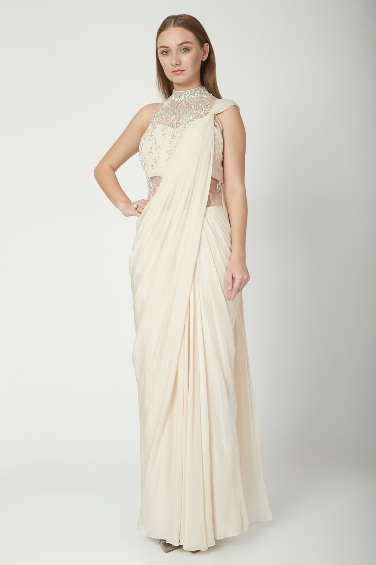 white saree gown