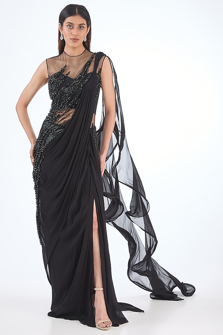 Black Viscose Georgette Crystal & Glass Bugle Bead Embroidered Draped Gown Saree by Gaurav Gupta