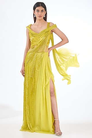 Artemis Yellow Chiffon Crystal & Bugle Beads Embroidered Gown Saree by Gaurav Gupta