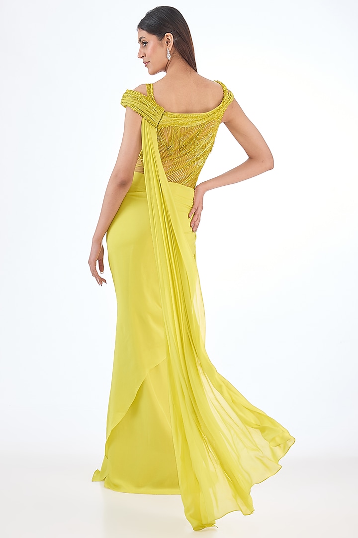 Artemis Yellow Chiffon Crystal & Bugle Beads Embroidered Bridal Gown Saree by Gaurav Gupta at Pernia's Pop Up Shop