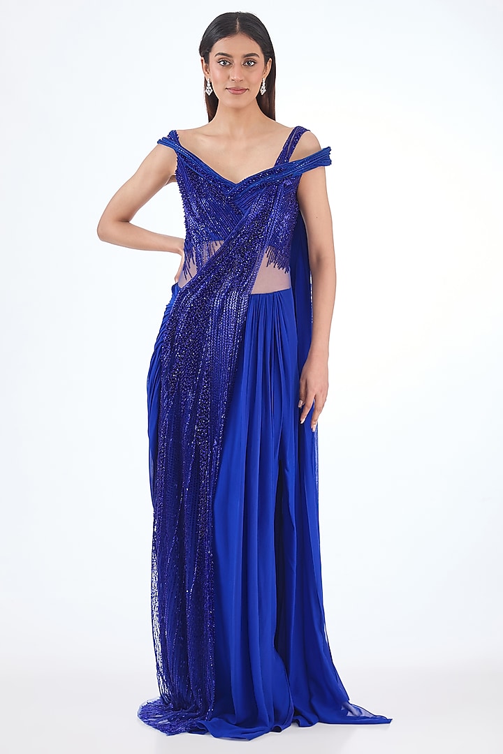 Electric Blue Chiffon Crystal & Bugle Beads Embroidered Gown Saree by Gaurav Gupta