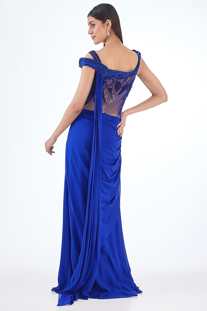 Electric Blue Chiffon Crystal & Bugle Beads Embroidered Bridal Gown Saree by Gaurav Gupta at Pernia's Pop Up Shop