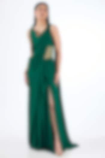 Emerald Green Silk Chiffon Sculpted Bridal Gown Saree by Gaurav Gupta at Pernia's Pop Up Shop