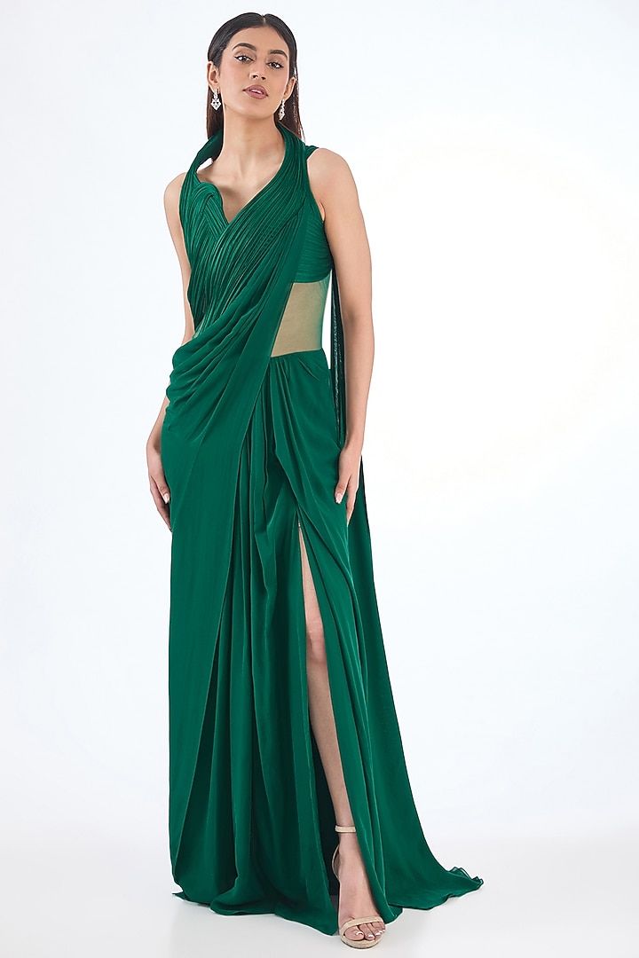 Emerald Green Silk Chiffon Sculpted Bridal Gown Saree by Gaurav Gupta at Pernia's Pop Up Shop