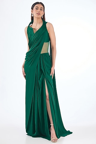 Emerald Green Silk Chiffon Sculpted Gown Saree by Gaurav Gupta