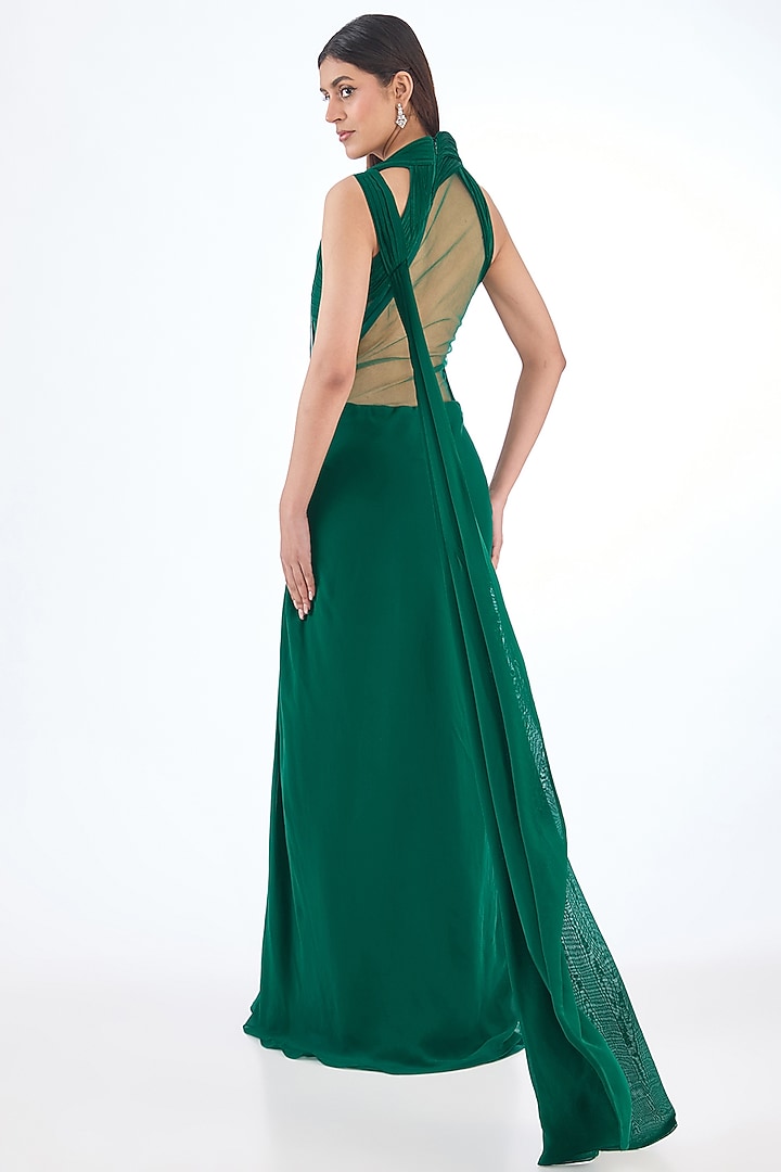Emerald Green Silk Chiffon Sculpted Bridal Gown Saree by Gaurav Gupta at Pernia's Pop Up Shop