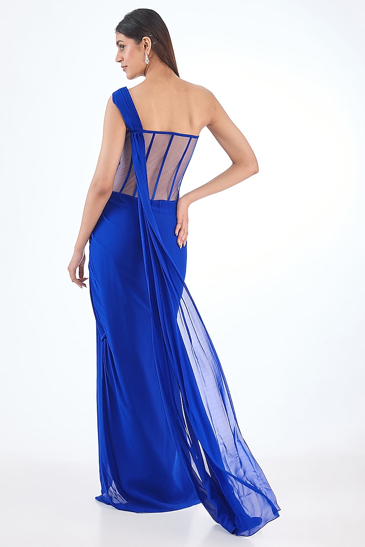 Electric Blue Chiffon Sculpted Bridal Gown Saree by Gaurav Gupta at Pernia's Pop Up Shop