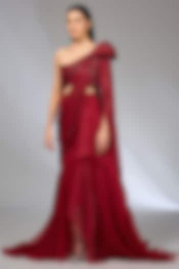 Lava Red Crepe Crystal Embroidered Sculpted Gown Saree by Gaurav Gupta at Pernia's Pop Up Shop