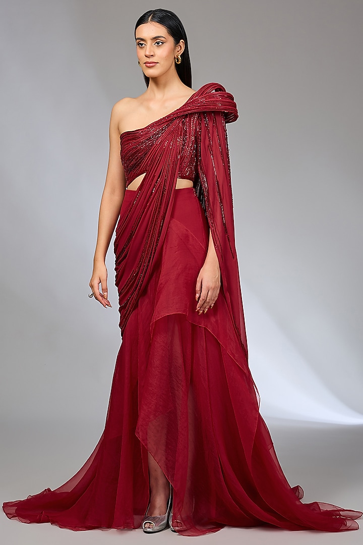 Lava Red Crepe Crystal Embroidered Sculpted Gown Saree by Gaurav Gupta at Pernia's Pop Up Shop