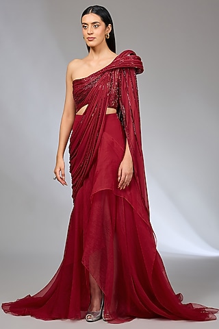 Lava Red Crepe Crystal Embroidered Sculpted Gown Saree by Gaurav Gupta