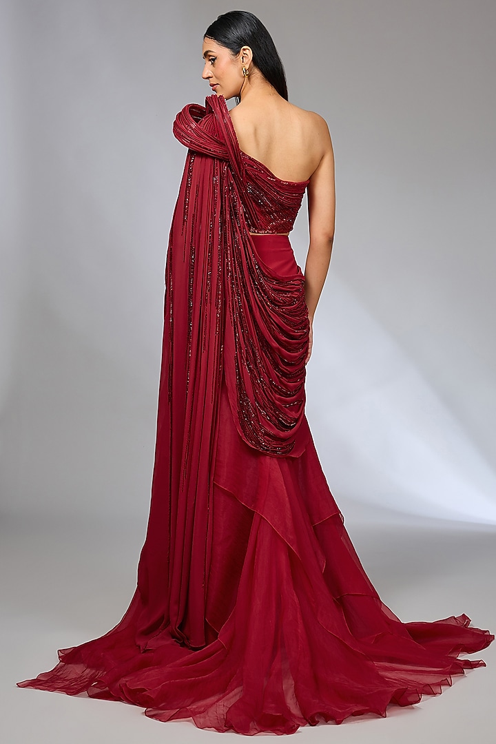 Lava Red Crepe Crystal Embroidered Sculpted Bridal Gown Saree by Gaurav Gupta at Pernia's Pop Up Shop