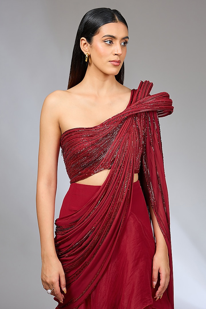 Lava Red Crepe Crystal Embroidered Sculpted Bridal Gown Saree by Gaurav Gupta at Pernia's Pop Up Shop