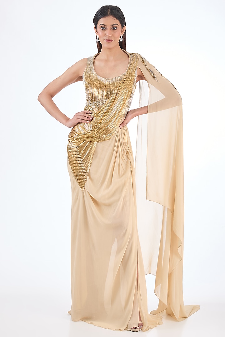 Gilded Gold Georgette Chainmail Embroidered Gown Saree by Gaurav Gupta