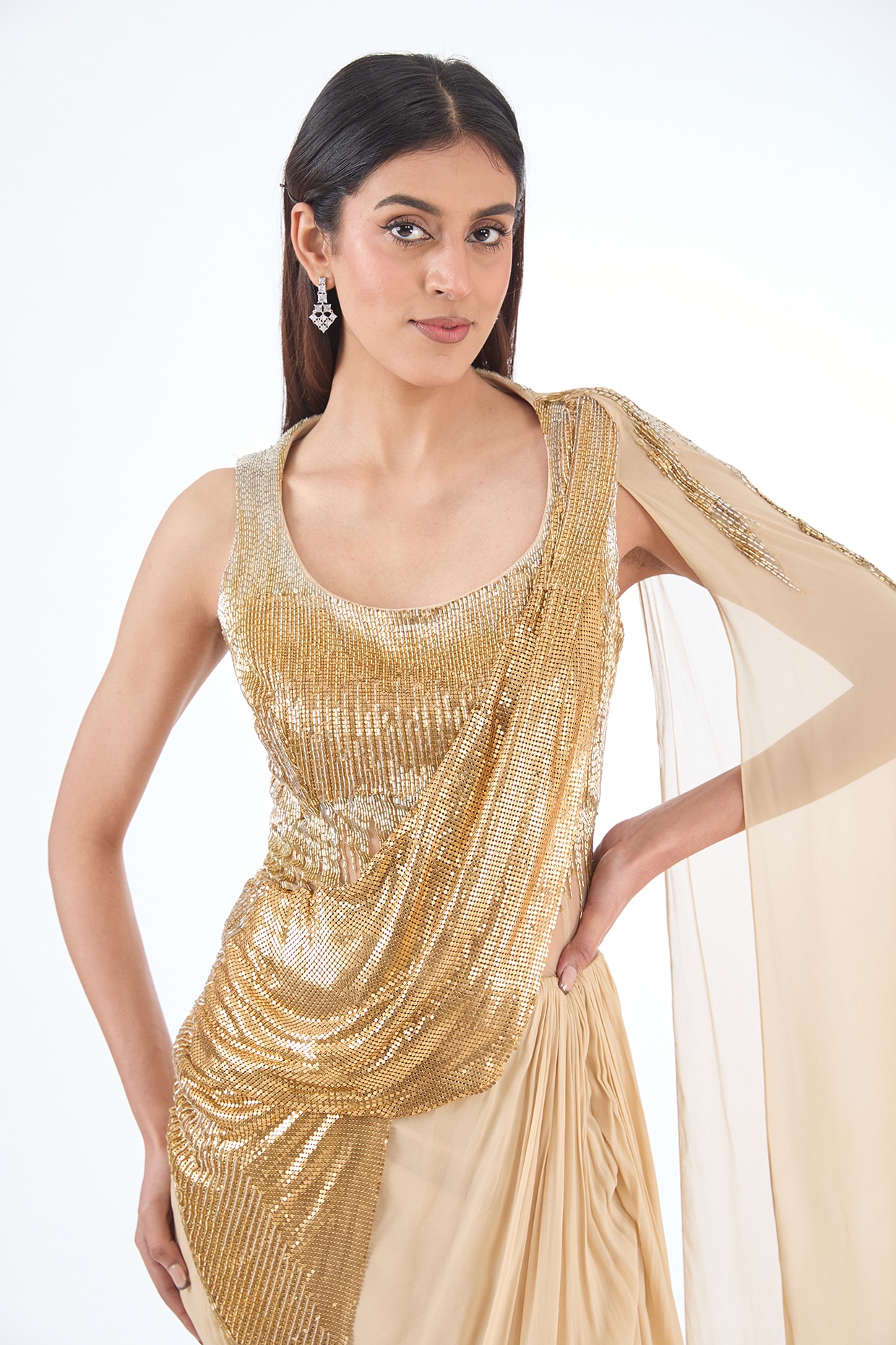 Sage Gold Tulle Bugle Bead Embroidered Gown Design by Gaurav Gupta at  Pernia's Pop Up Shop 2024
