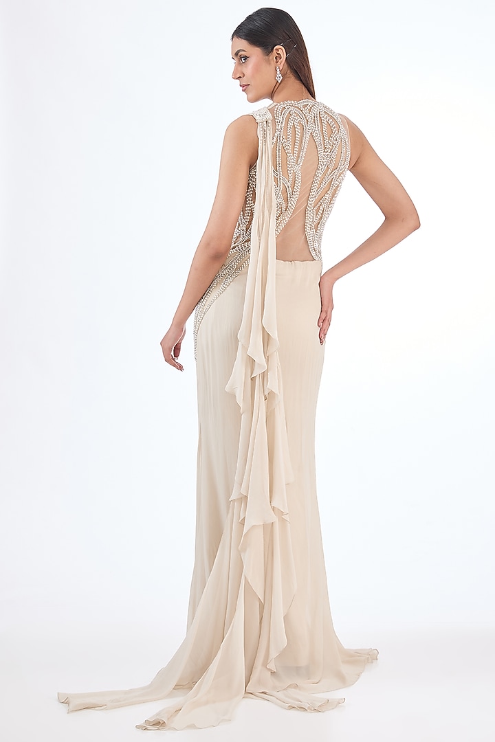 Sage Gold Georgette Pearl Embroidered Reception Gown Saree by Gaurav Gupta at Pernia's Pop Up Shop