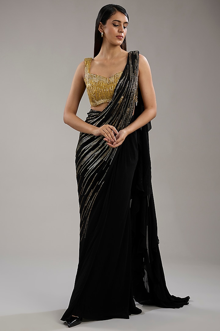 Black & Gold Georgette Bugal Embroidered Saree by Gaurav Gupta at Pernia's Pop Up Shop