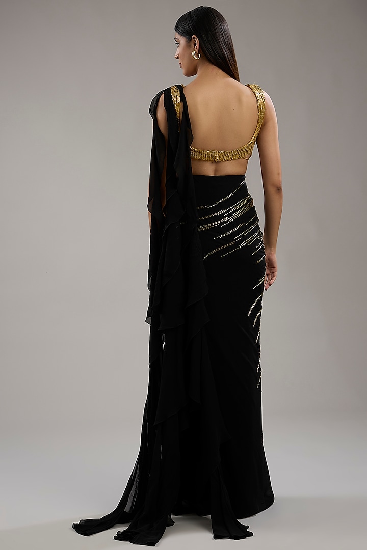 Black & Gold Georgette Bugal Embroidered Bridal Saree by Gaurav Gupta at Pernia's Pop Up Shop