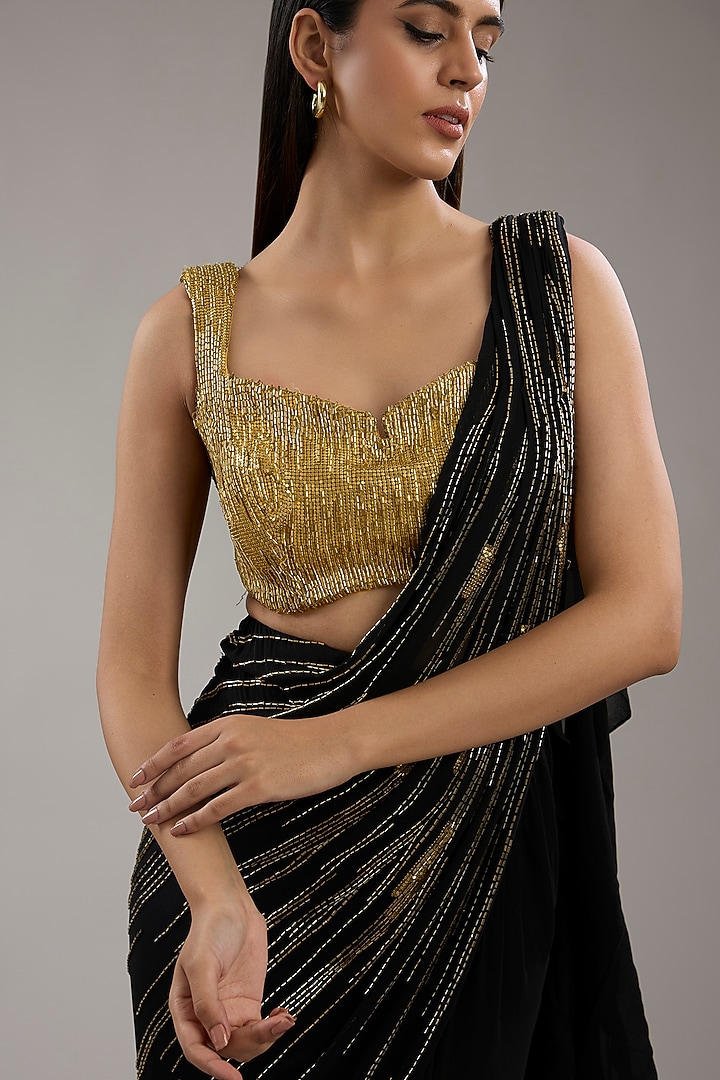 Black & Gold Georgette Bugal Embroidered Bridal Saree by Gaurav Gupta at Pernia's Pop Up Shop