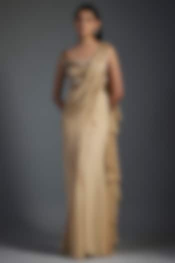 Gold Georgette Embroidered Gown Saree Set by Gaurav Gupta at Pernia's Pop Up Shop