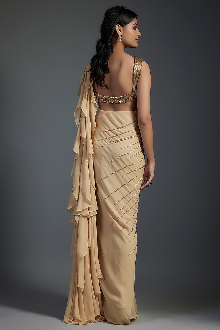 Gold Georgette Embroidered Bridal Gown Saree Set by Gaurav Gupta at Pernia's Pop Up Shop