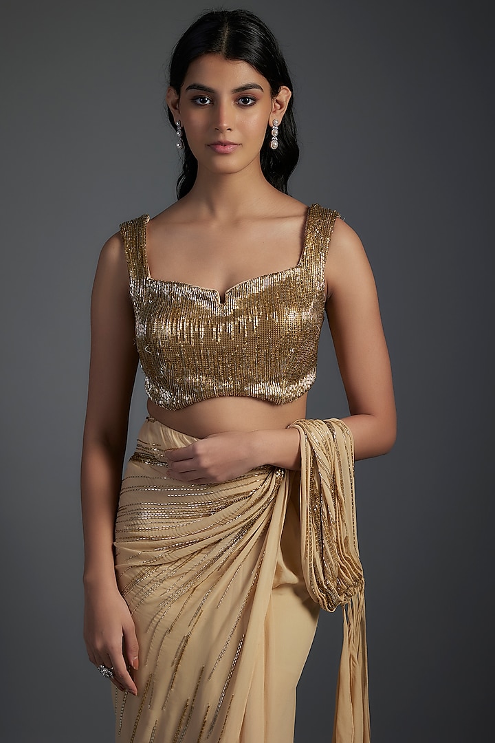 Gold Georgette Embroidered Bridal Gown Saree Set by Gaurav Gupta at Pernia's Pop Up Shop